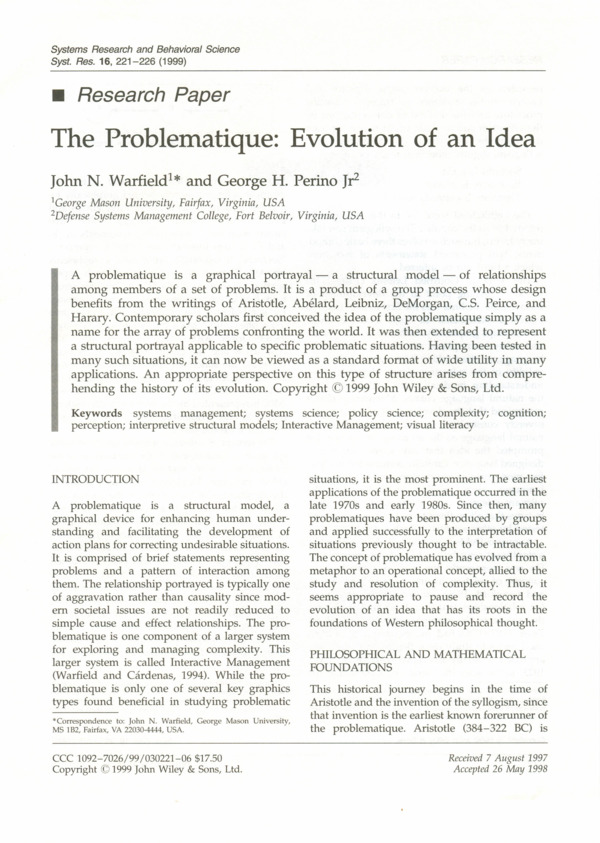 The Problematique: Evolution of an Idea (1999)